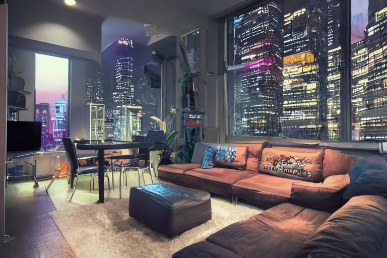 Image similar to beautiful furnished cyberpunk apartment