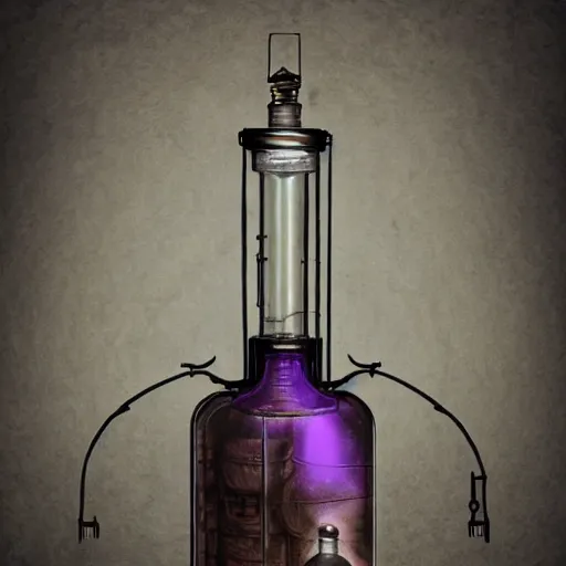 Prompt: a steampunk painting of a vintage purple potion bottle, lit by a single ray of sunlight in a dark dusty vintage science lab, by h. r. giger, hyperrealistic fantasy art, concept matte, ethereal, dreamy, digital art, trending on artstation, volumetric cinematic lighting