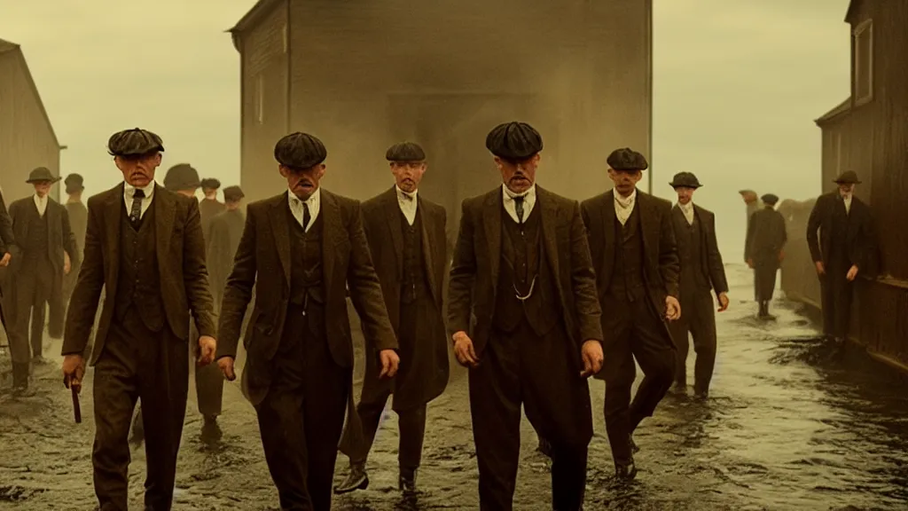 Image similar to the peaky blinders crew with shrimp heads coming out of the ocean film still from the movie directed by denis villeneuve with art direction by zdzis