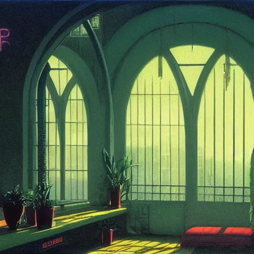 Prompt: 80s interior with arched windows, neon lighting, hanging plants, cinematic, cyberpunk, lofi, calming, dramatic, fantasy, by Moebius, by zdzisław beksiński, Fantasy LUT, epic composition,