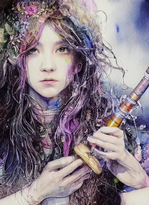 Image similar to portrait, beautiful Stoner hippy girl, sitting down, smoking a magical bong, watercolor, dramatic lighting, cinematic, establishing shot, extremely high detail, foto realistic, cinematic lighting, pen and ink, intricate line drawings, by Yoshitaka Amano, Ruan Jia, Kentaro Miura, Artgerm, post processed, concept art, artstation, matte painting, style by eddie mendoza, raphael lacoste, alex ross