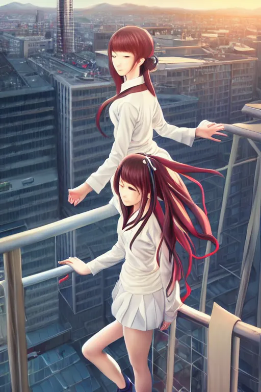 Prompt: beautiful full body portrait of a lone anime female with long flowing hair, wearing Japanese school uniform, standing on a balcony overlooking downtown Tokyo, D&D, fantasy, intricate, elegant, highly detailed, digital painting, artstation, concept art, smooth, sharp focus, illustration, art by ilya kuvshinov and WLOP and Ruan Jia and Krenz Cushart and greg rutkowski and alphonse mucha