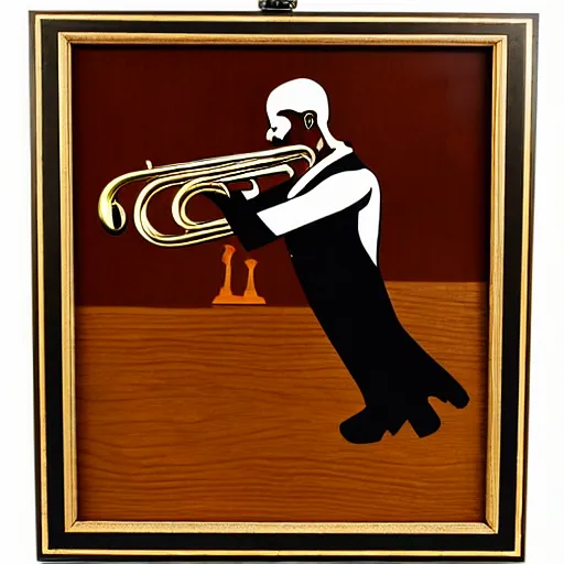 Image similar to marquetry art of jazz musician playing trumpet solo