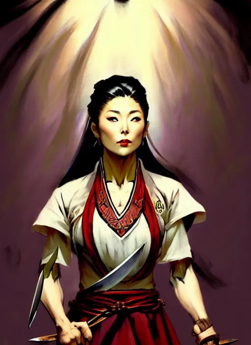 Image similar to magic : the gathering fantasy character concept art by frank frazetta and marco bucci, high resolution. a clear portrait of a stunning female south korean chef, wearing a beautiful hanbok apron, holding a kitchen knife, radiating powerful energy in the background, south korean vibes, symmetry, fantasy coloring, intricate, 8 k, digital painting, artstation, smooth, sharp focus