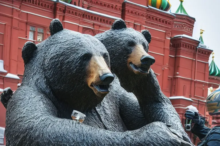 Prompt: a gigantic statue of bear holding vodka in the middle of the red square, excited russians, symmetry, awesome exposition, very detailed, highly accurate, 8 k