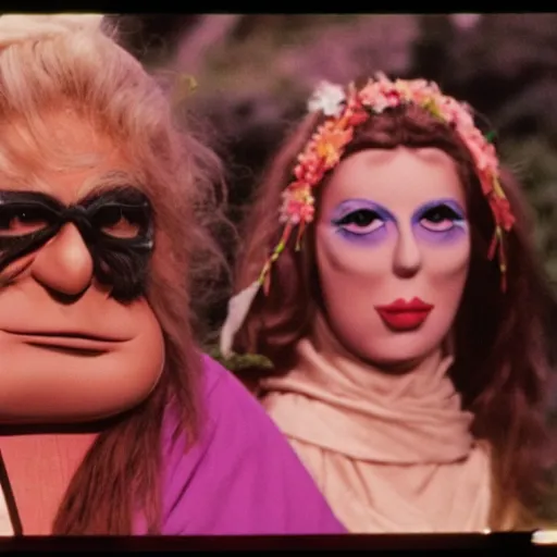 Image similar to 1970 hippie woman on tv show with a long prosthetic inflatable nose, big nostrils, wearing a robe on the hillside 1970 color archival footage color film 16mm holding a hand puppet Fellini Almodovar John Waters Russ Meyer Doris Wishman