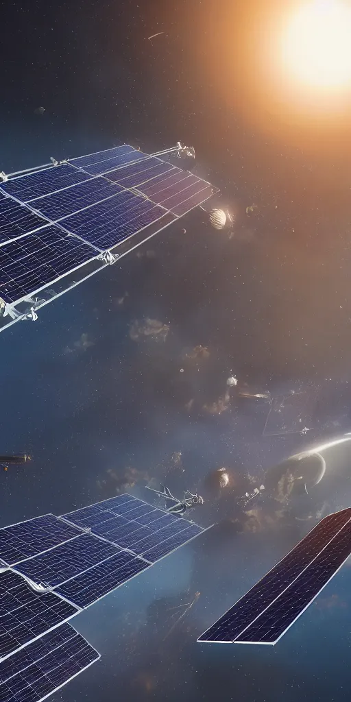 Image similar to concept art, solar power station in space, super large - scale solar power panel, earth orbit, energy collection and launch device, complex structure, high detail, octane rendering, unreal engine.