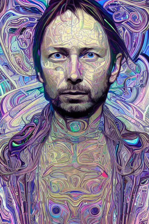 Prompt: A portrait of Thom Yorke as a cyberpunk wearing a bowler hat, iridescent highlights, surrounded by digital swirls, highly detailed, intricate, soft, sci-fi, sharp focus, glowing lines, art by Alphonse Mucha