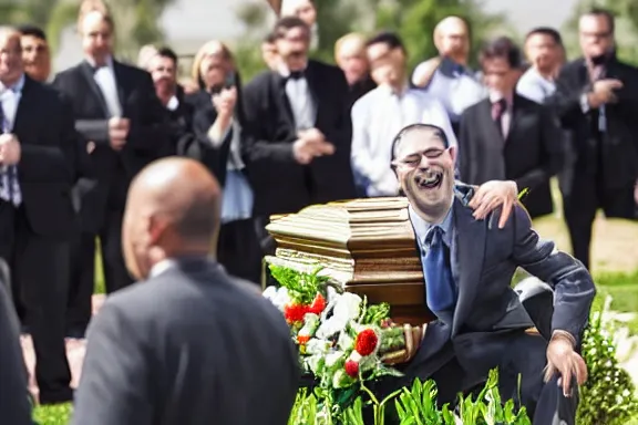 Prompt: a man laughing at a funeral while everybody else stares at him in disgust