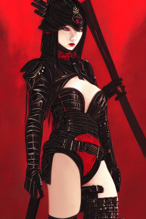 Image similar to portrait Ninja gaiden girl, armored black and red ninja wardrobe, in ruin japanese rainny temple night, ssci-fi and fantasy, intricate and very very beautiful and elegant, highly detailed, digital painting, artstation, concept art, smooth and sharp focus, illustration, art by tian zi and WLOP and alphonse mucha