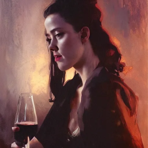 Image similar to hyperrealistic portrait of a woman as amber heard drinking wine in hell noir by jeremy mann and alphonse mucha, fantasy art, photo realistic, dynamic lighting, artstation, poster, volumetric lighting, very detailed faces, 4 k, award winning