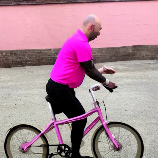 Prompt: bald man riding a pink pony