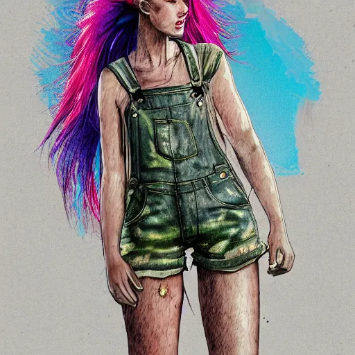 Image similar to a portrait of an beautiful grungy female with rainbow hair, dainty figure, torn overalls, short shorts, combat boots, wet tshirt, raining, made by viktor antonov, illustration, extremely detailed, beautiful,