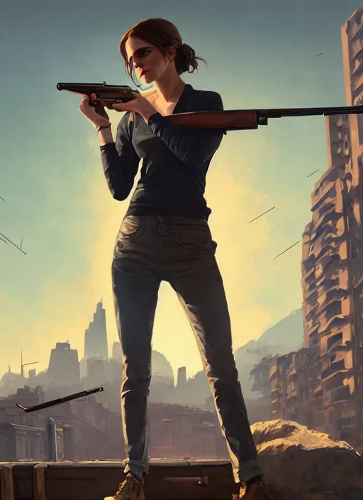 Prompt: highly detailed painting of emma watson holding a shotgun in gta v, stephen bliss, unreal engine, fantasy art by greg rutkowski, loish, rhads, ferdinand knab, makoto shinkai and lois van baarle, ilya kuvshinov, rossdraws, tom bagshaw, global illumination, radiant light, detailed and intricate environment