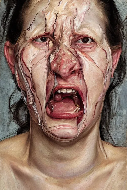 Prompt: portrait of a woman enraged, part by Jenny Saville, part by Lucian Freud