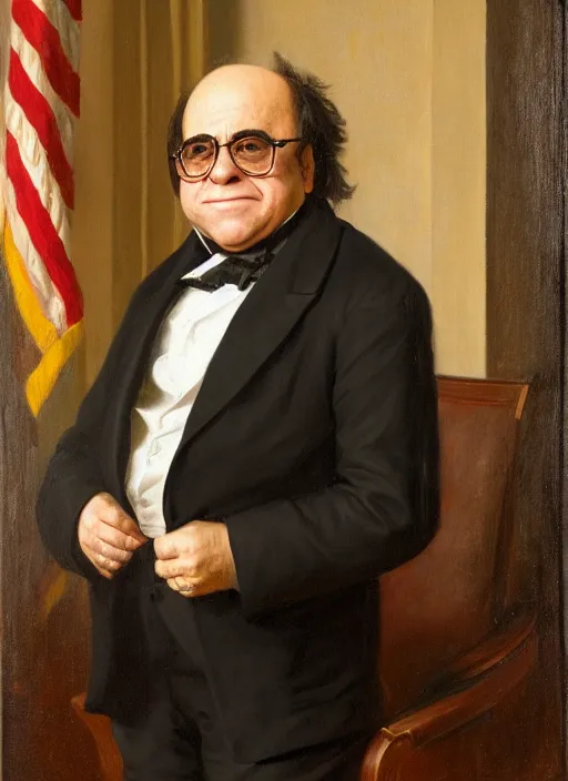 Prompt: portrait of the united states president, 1 8 6 7, danny devito. standing in the oval office. oil on canvas by william sidney mount, trending on artstation