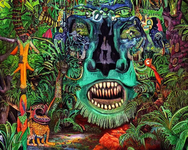 Image similar to surreal colorful nightmarish garden las pozas, mayan jaguar warrior, artwork by ralph bakshi