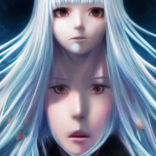 Image similar to full body shot of rimuru tempest, sky blue straight hair, long bangs, with amber eyes, wearing a black jacket, high collar, ultra detailed, concept art, award winning photography, digital painting, cinematic, wlop artstation, closeup, pixiv, evil, yoshitaka amano, andy warhol, ilya kuvshinov,