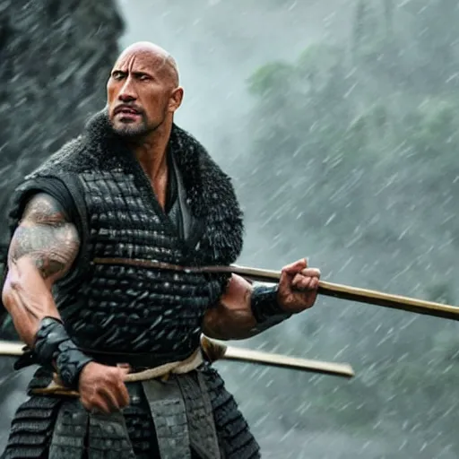 Image similar to Dwayne Johnson as samurai , under rain, dramatic, cinematic, an film still