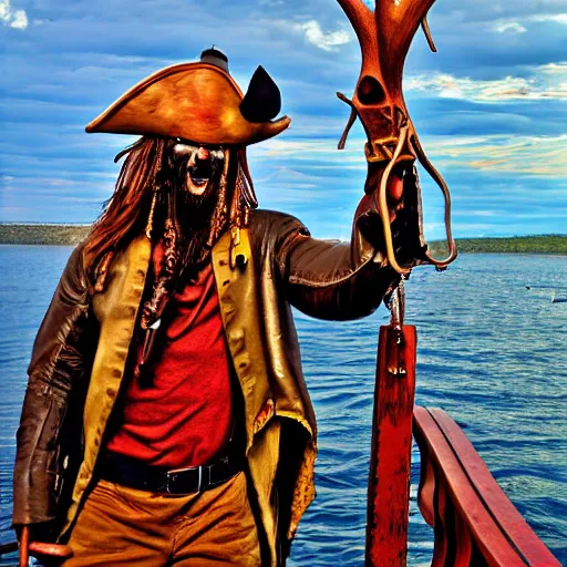Prompt: anthropomorphic moose pirate humanoid by james gurney, pirate ship, sea, fantasy