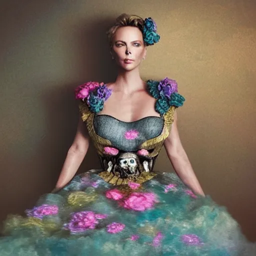 Image similar to “ 8 k, octane render, realism, tonalism, renaissance, rococo, baroque, portrait of charlize theron wearing long - harajuku manga - dress with flowers and skulls, cotton candy!! ( background chaotic gold leaf flowers ) ”