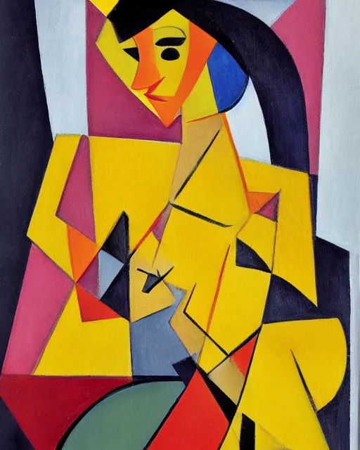 Prompt: a painting of a woman in a yellow dress, a cubist painting by andre lhote, behance, cubism, picasso, cubism, constructivism