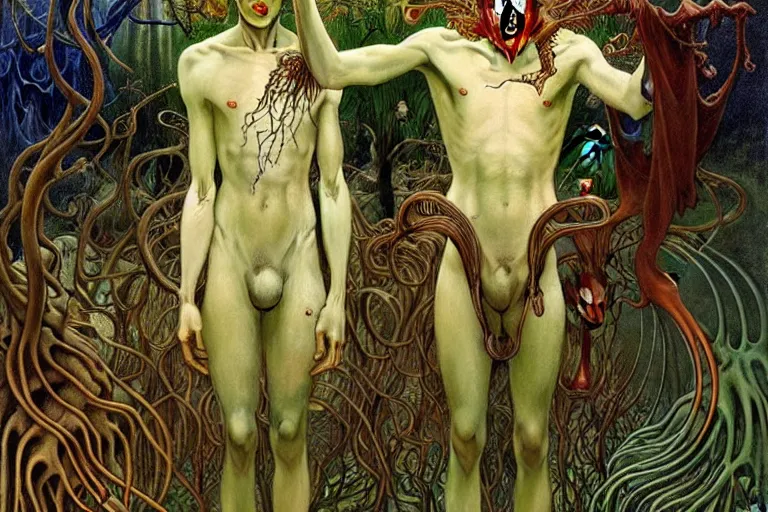 Image similar to realistic extremely detailed portrait painting of an elegantly creepy vampire man dressed as dracula, futuristic sci-fi forest on background by Jean Delville, Amano, Yves Tanguy, Alphonse Mucha, Ernst Haeckel, Edward Robert Hughes, Roger Dean, rich moody colours