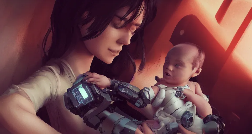 Image similar to a very very very very very very realistic still of a woman holding a newly born cyborg baby in a cyborg factory, rendered by beeple, by makoto shinkai, syd meade, starwars, space art concept, sci - fi, digital art, unreal engine, wlop, trending on artstation, 4 k uhd image, octane render