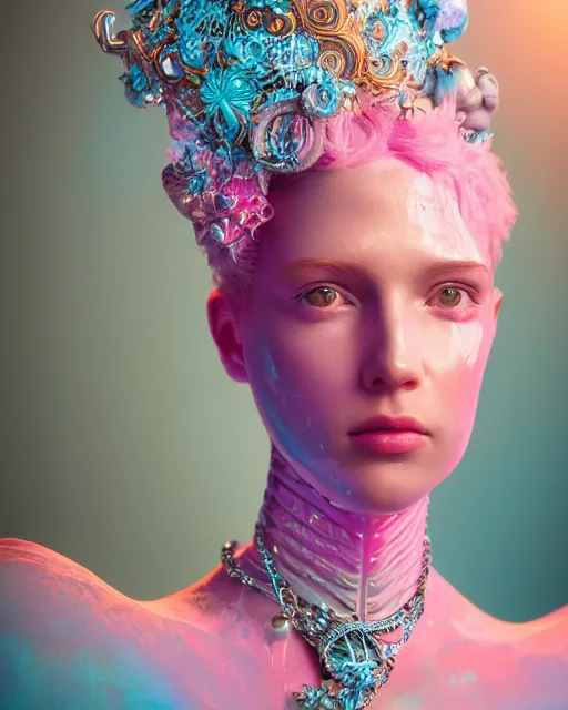 Image similar to natural light, soft focus portrait of an android with soft synthetic pink skin, blue bioluminescent plastics, smooth shiny metal, elaborate ornate head piece, piercings, skin textures, by annie liebovotz, paul lehr