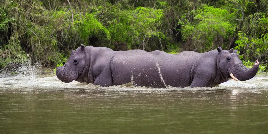 Prompt: a single hippo in a river in the jungle. the hippo has a rhino's horn and an elephant's trunk. extremely high fidelity, natural lighting