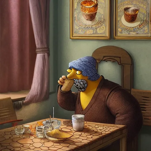 Image similar to Homer Simpson drinking tea in a Kurdish tea house, intricate, elegant, highly detailed, digital painting, artstation, concept art, matte, sharp focus, illustration, art by Artgerm and Greg Rutkowski and Enki Bilal