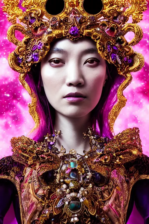 Image similar to a beautiful empress portrait, with a brilliant, impossible striking big cosmic galaxy headpiece, clothes entirely made out of cosmos chaos energy, symmetrical, dramatic studio lighting, rococo, baroque, jewels, asian, hyperrealism, closeup, D&D, fantasy, intricate, elegant, highly detailed, digital painting, artstation, octane render, 8k, concept art, matte, sharp focus, illustration, art by Artgerm and Greg Rutkowski and Alphonse Mucha