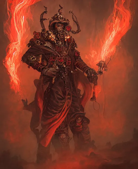 Image similar to a detailed character concept of a steampunk crystalline dark lord wreathed in red smoke by Moebius and Peter Mohrbacher, 4k resolution, photorealistic