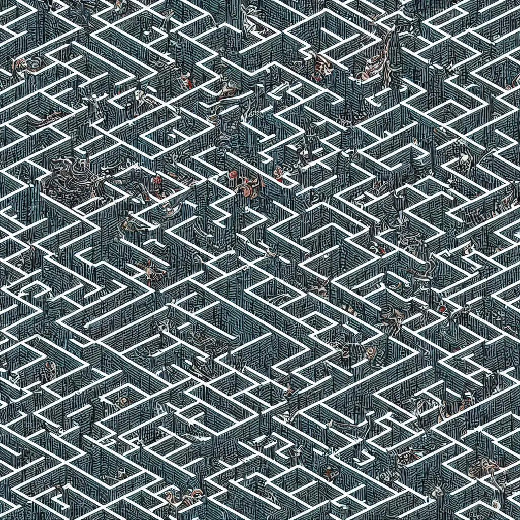 Prompt: wimmelbilder maze made ocean pirates attack kraken, isometric, very sharp, high contrast