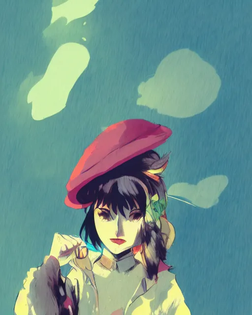 Image similar to girl with beret smoking a cigarette, colored manga panel, drawn by Anton Fadeev