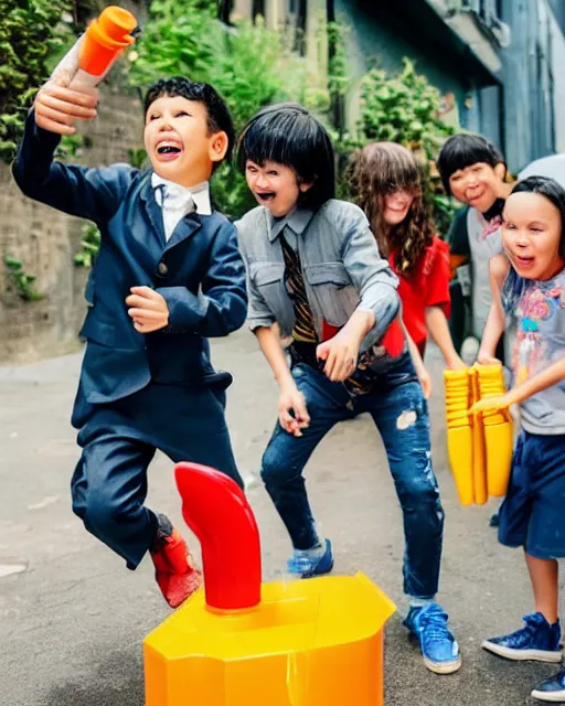 Prompt: happy batman firing super soaker water gun in an alleyway with a group of children having fun, toy product advertisement, photography