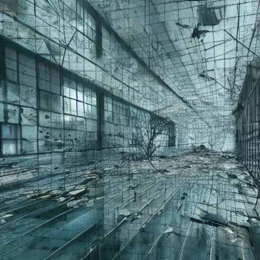 Image similar to realistic photograph of an abandoned building interior glitching through reality, glitch art