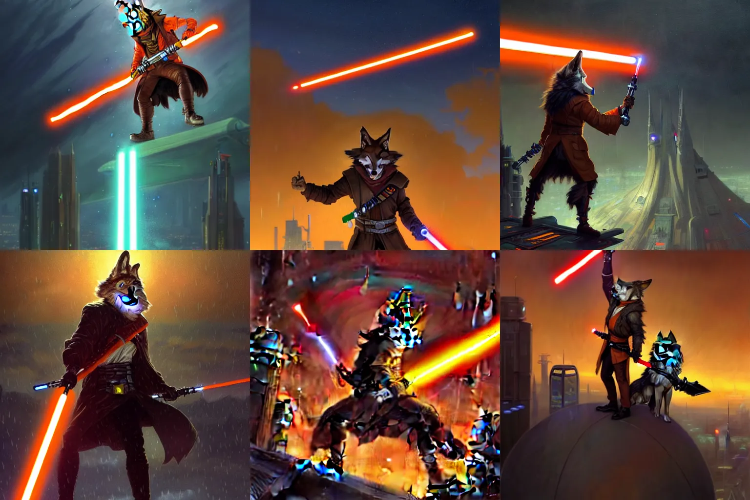 Prompt: a anthropomorphic coyote Jedi wielding a lightsaber with an orange blade fighting a anthropomorphic wolf sith lord on top of a blimp in a cyberpunk city at night while it rains. Renowned character illustration by greg rutkowski, thomas kindkade, alphonse mucha, loish, norman rockwell. Trending on Artstation.