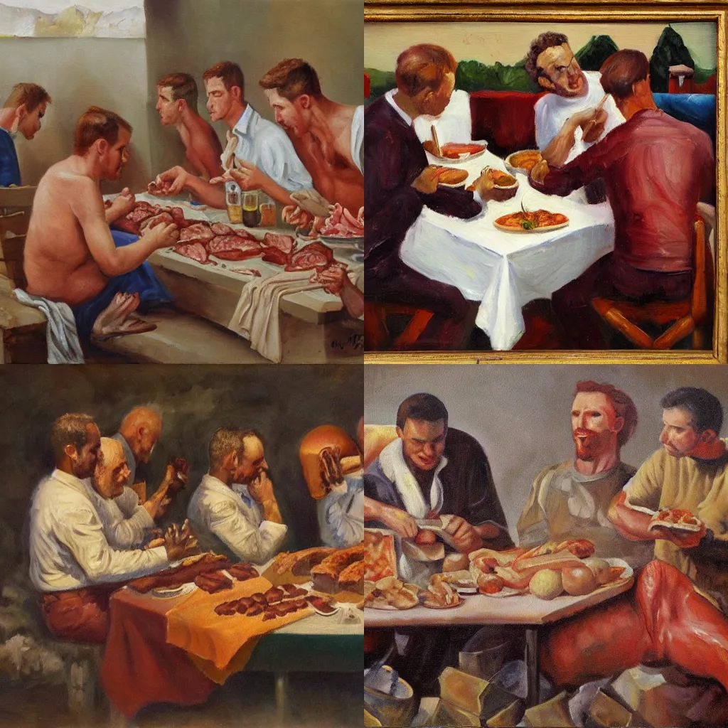 Prompt: men were eating meat, oil painting