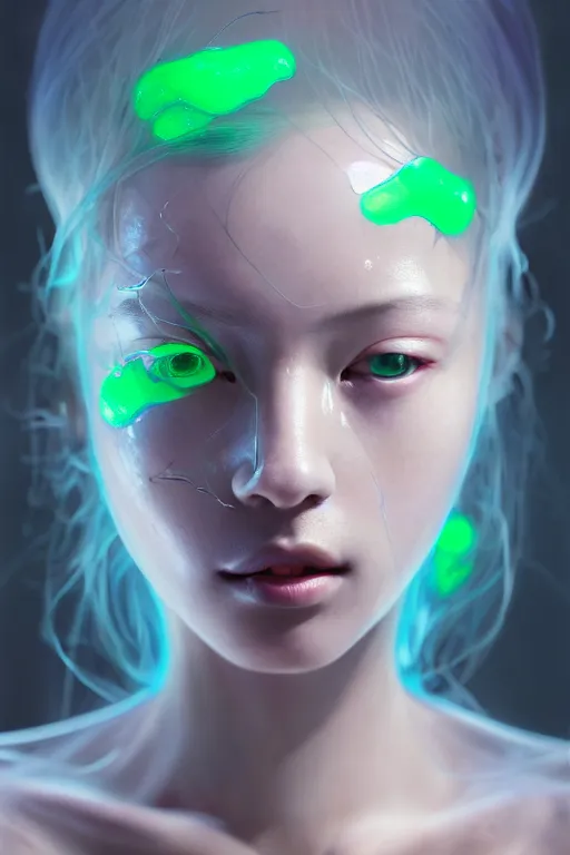 Image similar to hyperrealistic photography of a gorgeous girl inside a syringe containing luminescent green liquid in the style of jin kagetsu, james jean, chris cunninham, hans bellmer and wlop, highly detailed, face symmetry, masterpiece, award - winning, sharp focus, intricate concept art, ambient lighting, 8 k, artstation