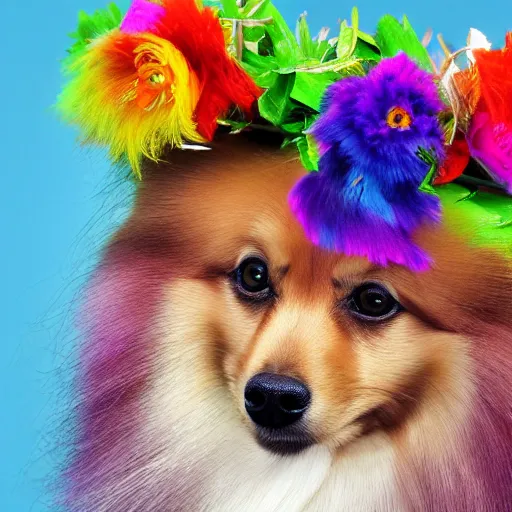 Prompt: long haired pomeranian dog with long colorful fur made of leaves and flower crown detailed painting 4 k