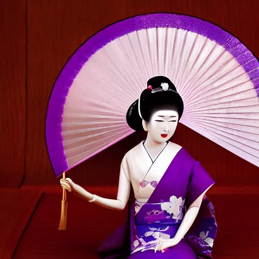 Image similar to Japanese geisha with beautiful violet paper fan, 4k photography, 30 mm lens, cinematic light, warm atmosphere, in style of Kar Wai Wong, fine dust