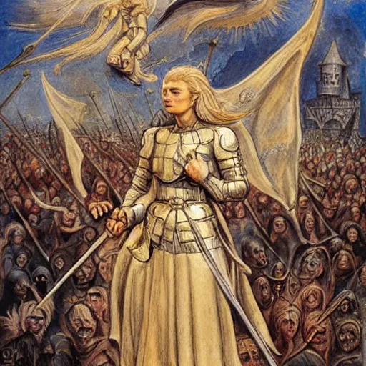 Prompt: jeanne d'arc in the style of william blake, terese nielsen, detailed, intricate, beautiful faces, steve argyle, triumphant fate