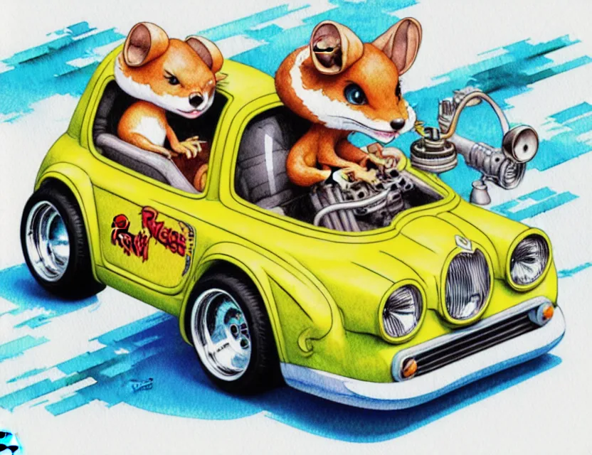 Image similar to cute and funny, weasel riding in a tiny hot rod with oversized engine, ratfink style by ed roth, centered award winning watercolor pen illustration, isometric illustration by chihiro iwasaki, edited by range murata, tiny details by artgerm and watercolor girl, symmetrically isometrically centered