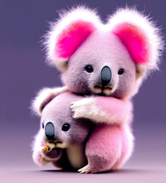 Image similar to high quality 3 d render hyperrealistic very cute small pink koala holding red heart, fog, steam, smoke, plush mascot, short spiky dense fluffy smooth hair, photo from the side, pink fluffy fur, 1 5 0 mm, beautiful natural soft light, rim light, smooth background, artstation, ultra detailed, elegant, ultra detailed, metallic armor, octane render