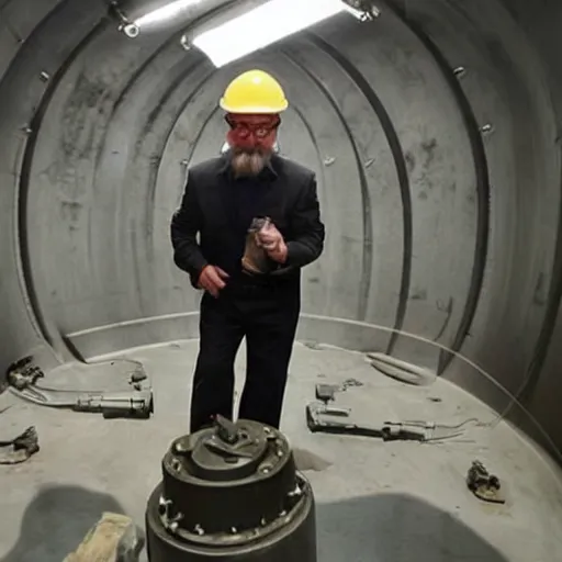 Prompt: Jamie Hyneman tinkering with an ICBM in a missile silo