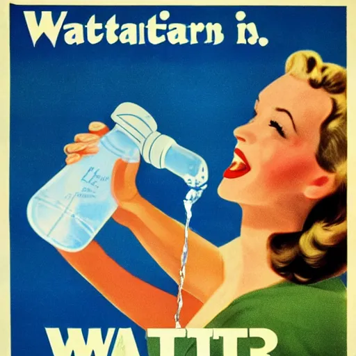 Image similar to 1950 American propaganda poster warning the danger of drinking water,