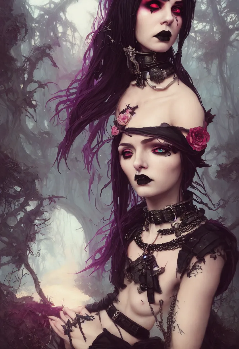 Image similar to beautiful very extreme closeup portrait, goth girl, piercings collar, mohawk hairstyle, medieval dress. witch, makeup. unreal engine, greg rutkowski, loish, rhads, beeple, tom bagshaw, alphonse mucha, global illumination, detailed and intricate environment