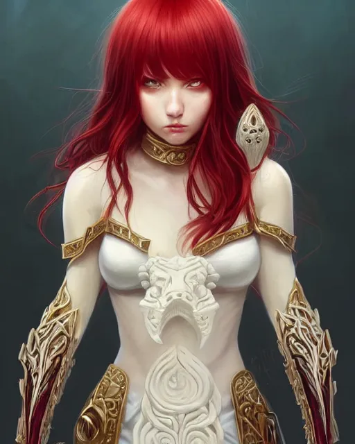 Image similar to mage with with wand casting ultimate attack, ivory carved mantle, red hair straight bangs wearing ivory carved bone armor, bone plants, intricate, elegant, highly detailed, digital painting, full body concept art, smooth, ultra wide angle horizon, illustration, art by artgerm, greg rutkowski, ilya kuvshinov