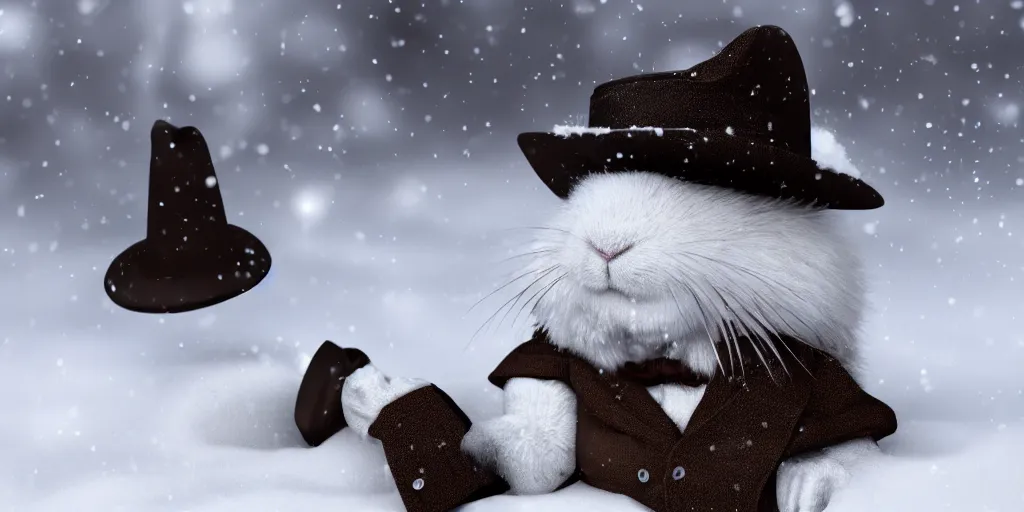 Prompt: white rabbit wearing a fedora chilling in the snow, digital art, realistic, 4K